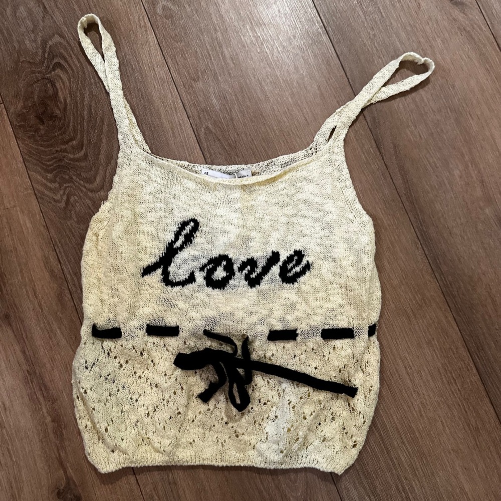 MNG Mango Love Knit Camisole Top Cream Pointelle Cotton Linen Blend Size M